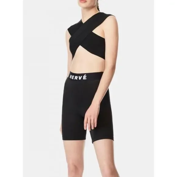 HERVE LEGER Logo Bike Shorts Womens Small Black White High Rise Stretch NWT - Picture 2 of 16